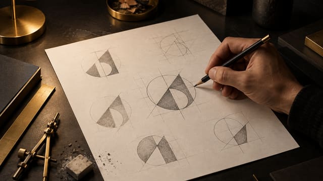 Hand skizziert geometrische Logo-Entwürfe mit Bleistift, daneben ein Messingzirkel